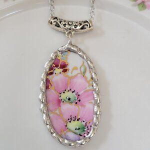 Broken China "Cluj-Napoca Romania" Pink Flowers Large Soldered Pendant Necklace